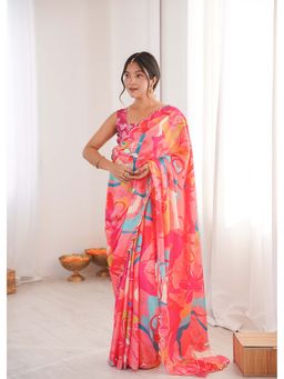 Lush Glam - Pink Printed Mirror Work Saree With Unstitched Blouse