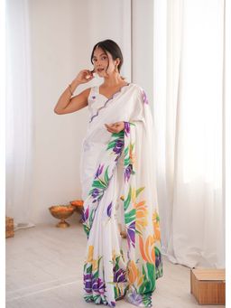 Lush Glam - White Floral Printed Mirror Work Saree With Unstitched Blouse
