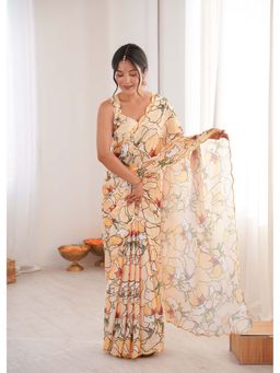 Lush Glam - Peach Floral Printed Mirror Work Saree With Unstitched Blouse