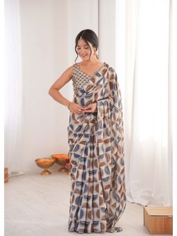 Lush Glam - Multi-Color Printed Mirror Work Saree With Unstitched Blouse