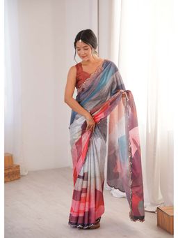 Lush Glam - Multi-Color Printed Mirror Work Saree With Unstitched Blouse
