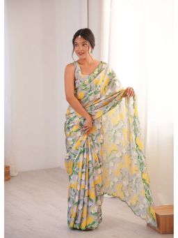 Lush Glam - Grey Floral Printed Mirror Work Saree With Unstitched Blouse