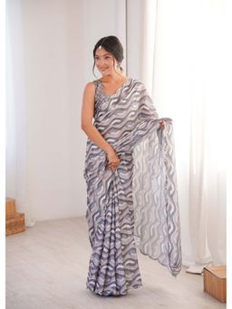 Lush Glam - Grey Printed Mirror Work Saree With Unstitched Blouse