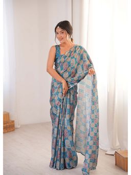Lush Glam - Teal Floral Printed Mirror Work Saree With Unstitched Blouse