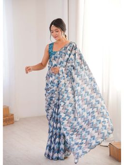 Lush Glam - Multi-Color Printed Mirror Work Saree With Unstitched Blouse