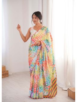 Lush Glam - Multi-Color Printed Mirror Work Saree With Unstitched Blouse