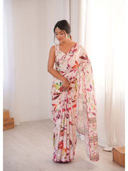 Lush Glam - Off White Floral Printed Mirror Work Saree With Unstitched Blouse