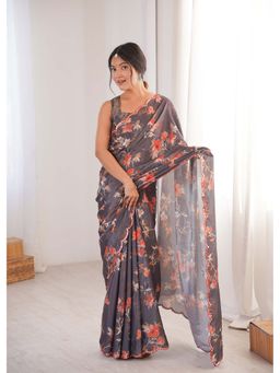 Lush Glam - Grey Floral Printed Mirror Work Saree With Unstitched Blouse