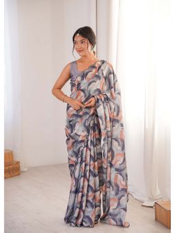 Lush Glam - Multi-Color Printed Mirror Work Saree With Unstitched Blouse