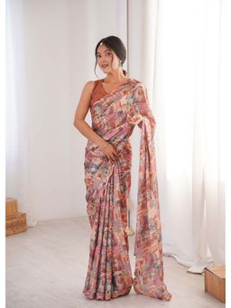 Lush Glam - Multi-Color Printed Mirror Work Saree With Unstitched Blouse