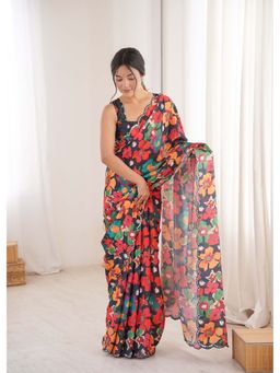 Lush Glam - Multi-Color Printed Mirror Work Saree With Unstitched Blouse