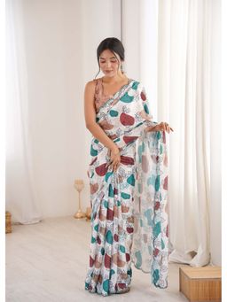 Lush Glam - Off White Floral Printed Mirror Work Saree With Unstitched Blouse