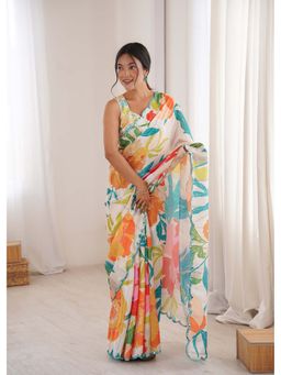 Lush Glam - Off White Floral Printed Mirror Work Saree With Unstitched Blouse