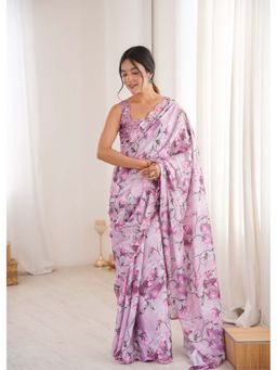 Lush Glam - Lavender Floral Printed Mirror Work Saree With Unstitched Blouse