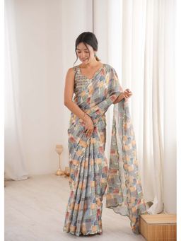 Lush Glam - Multi-Color Printed Mirror Work Saree With Unstitched Blouse