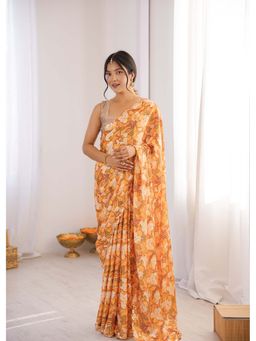 Lush Glam - Orange Floral Printed Mirror Work Saree With Unstitched Blouse