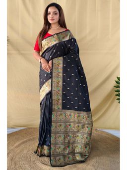 Mysilklove - Black Woven Banarasi Soft Silk Saree With Unstitched Blouse