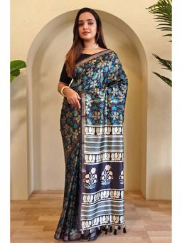 Mysilklove - Blue Digital Printed Saree With Unstitched Blouse