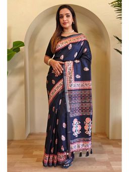 Mysilklove - Blue Digital Printed Saree With Unstitched Blouse
