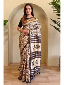 Mysilklove - Cream Cream Digital Printed Saree With Unstitched Blouse