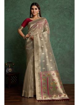 Mysilklove - Grey Woven Tissue Paithani Saree With Unstitched Blouse