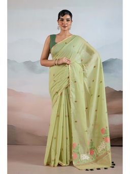 Mysilklove - Green Cotton Handloom Pichwai Saree With Unstitched Blouse