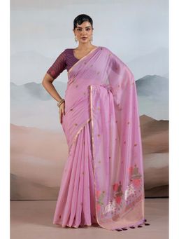 Mysilklove - Purple Cotton Handloom Pichwai Saree With Unstitched Blouse