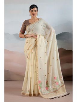Mysilklove - White Cotton Handloom Pichwai Saree With Unstitched Blouse