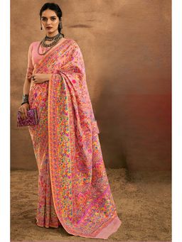 Mysilklove - Pink Kashmiri Handloom Jamewar Saree With Unstitched Blouse