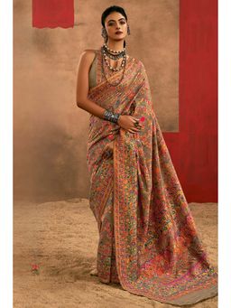 Mysilklove - Brown Kashmiri Handloom Jamewar Saree With Unstitched Blouse