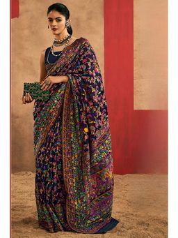 Mysilklove - Blue Kashmiri Handloom Jamewar Saree With Unstitched Blouse