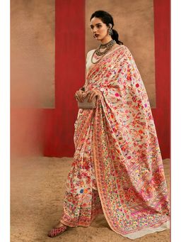 Mysilklove - Cream Kashmiri Handloom Jamewar Saree With Unstitched Blouse