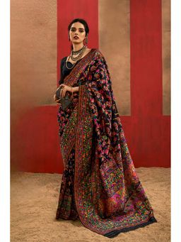 Mysilklove - Black Kashmiri Handloom Jamewar Saree With Unstitched Blouse