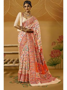 Mysilklove - Cream Kashmiri Handloom Jamewar Saree With Unstitched Blouse