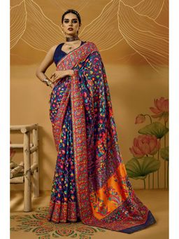 Mysilklove - Blue Kashmiri Handloom Jamewar Saree With Unstitched Blouse
