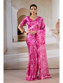 Mysilklove - Pink Modal Satin Hand Prism Print Saree With Unstitched Blouse