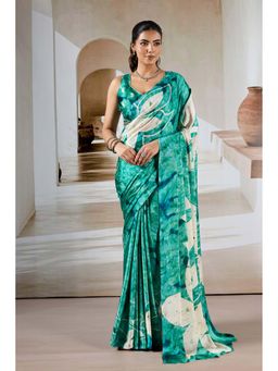 Mysilklove - Green Modal Satin Hand Prism Print Saree With Unstitched Blouse