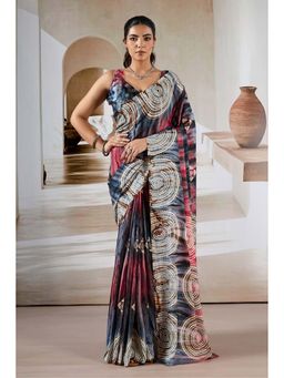 Mysilklove - Grey Modal Satin Hand Prism Print Saree With Unstitched Blouse