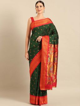 VARKALA SILK SAREES - Green Soft Silk Paithani Saree with Unstitched Blouse