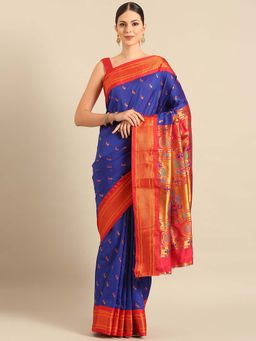 VARKALA SILK SAREES - Blue Soft Silk Paithani Saree with Unstitched Blouse