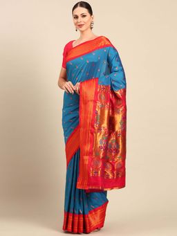 VARKALA SILK SAREES - Turquoise Soft Silk Paithani Saree with Unstitched Blouse