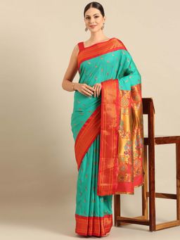 VARKALA SILK SAREES - Green Soft Silk Paithani Saree with Unstitched Blouse