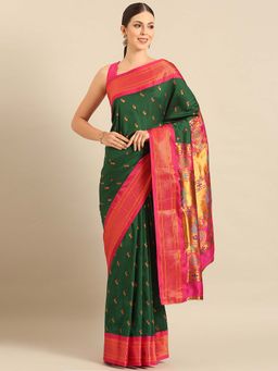 VARKALA SILK SAREES - Green Soft Silk Paithani Saree with Unstitched Blouse