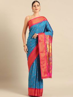 VARKALA SILK SAREES - Turquoise Soft Silk Paithani Saree with Unstitched Blouse