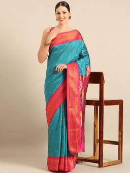 VARKALA SILK SAREES - Teal Soft Silk Paithani Saree with Unstitched Blouse