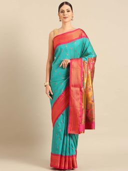VARKALA SILK SAREES - Turquoise Soft Silk Paithani Saree with Unstitched Blouse
