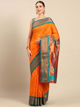 VARKALA SILK SAREES - Orange Soft Silk Paithani Saree with Unstitched Blouse