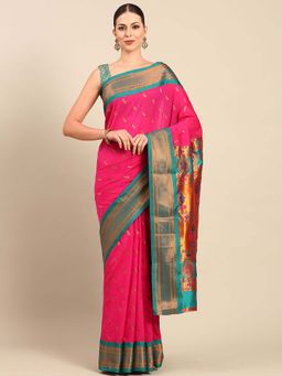 VARKALA SILK SAREES - Pink Soft Silk Paithani Saree with Unstitched Blouse