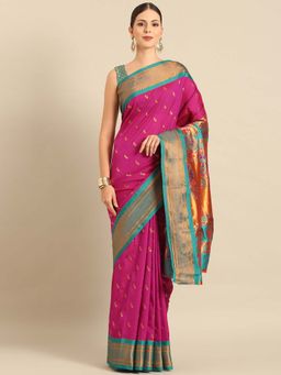 VARKALA SILK SAREES - Magenta Soft Silk Paithani Saree with Unstitched Blouse