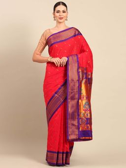 VARKALA SILK SAREES - Red Soft Silk Paithani Saree with Unstitched Blouse
